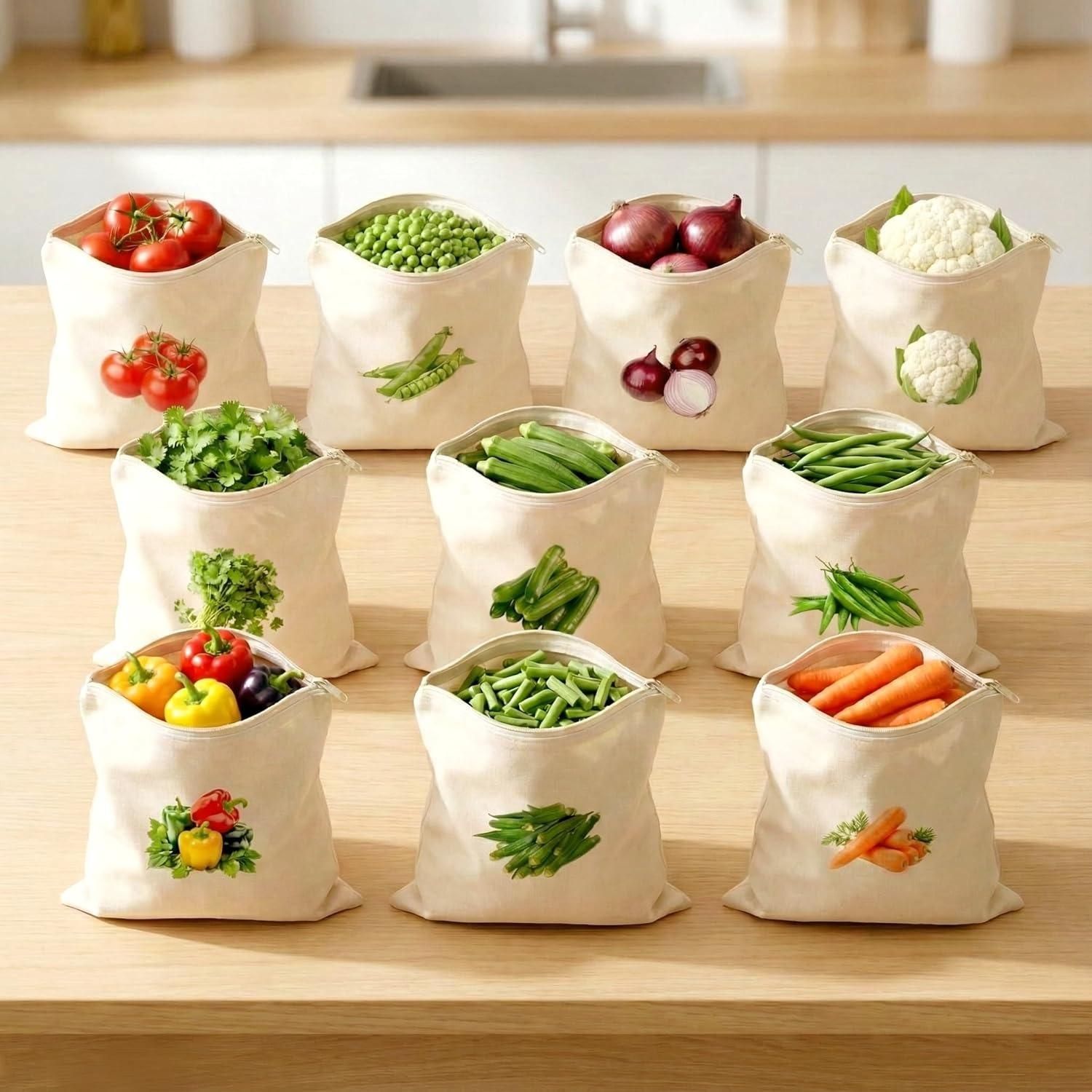 Cotton Reusable Vegetable Bags for Fridge (Pack of 10pc)